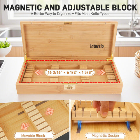 Intarsio box dimensions fit most kitchen knife sets.