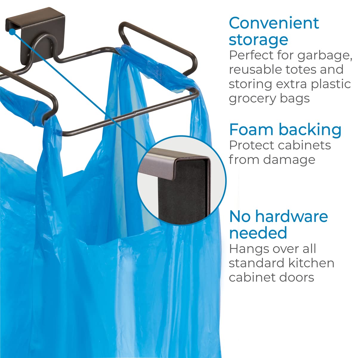 Kitchen setup showing InterDesign Classico over-cabinet bag holder bronze in use.