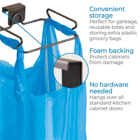 Kitchen setup showing InterDesign Classico over-cabinet bag holder bronze in use.