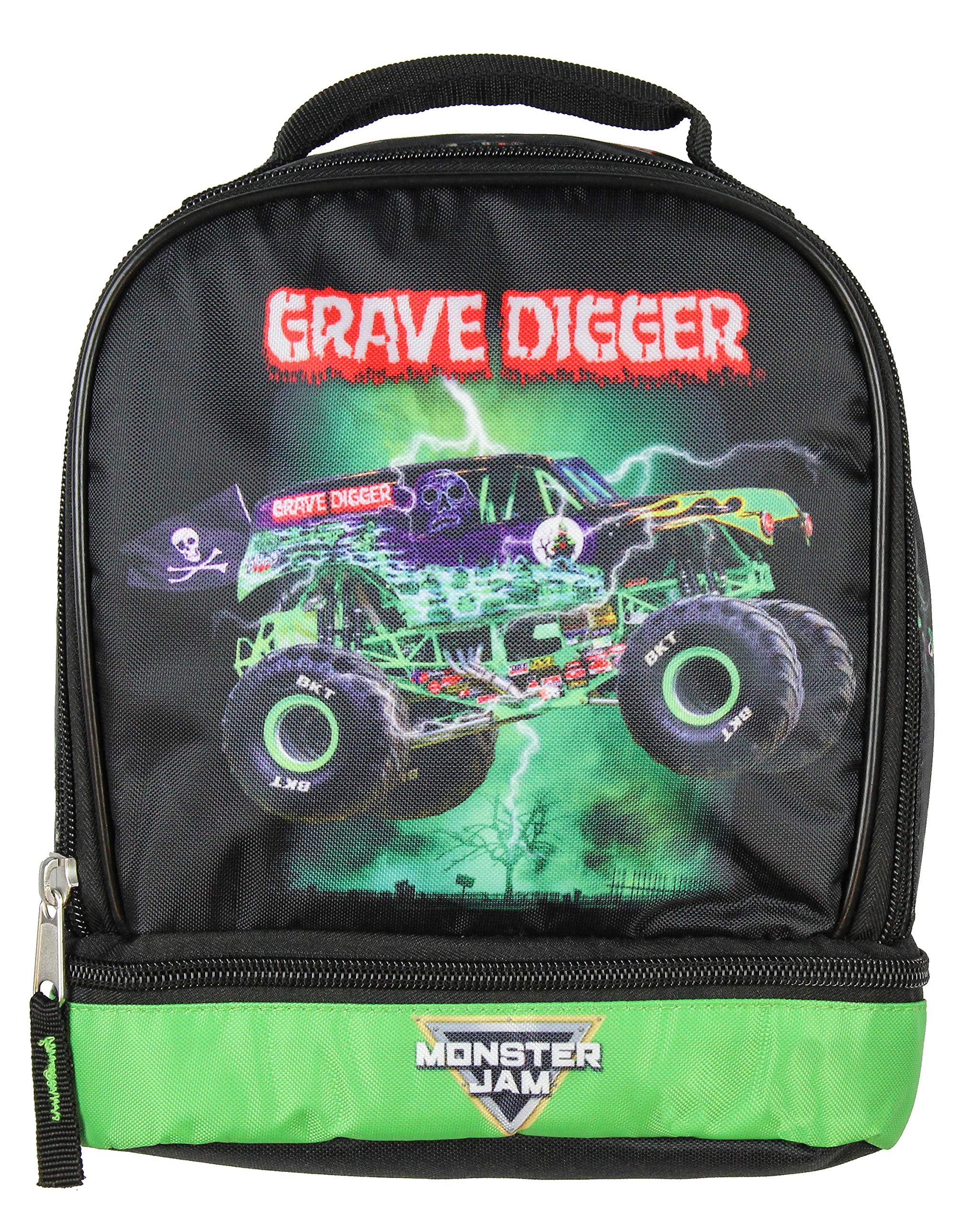 INTIMO Monster Jam Grave Digger lunch bag opened to show dual compartments and cooler section.