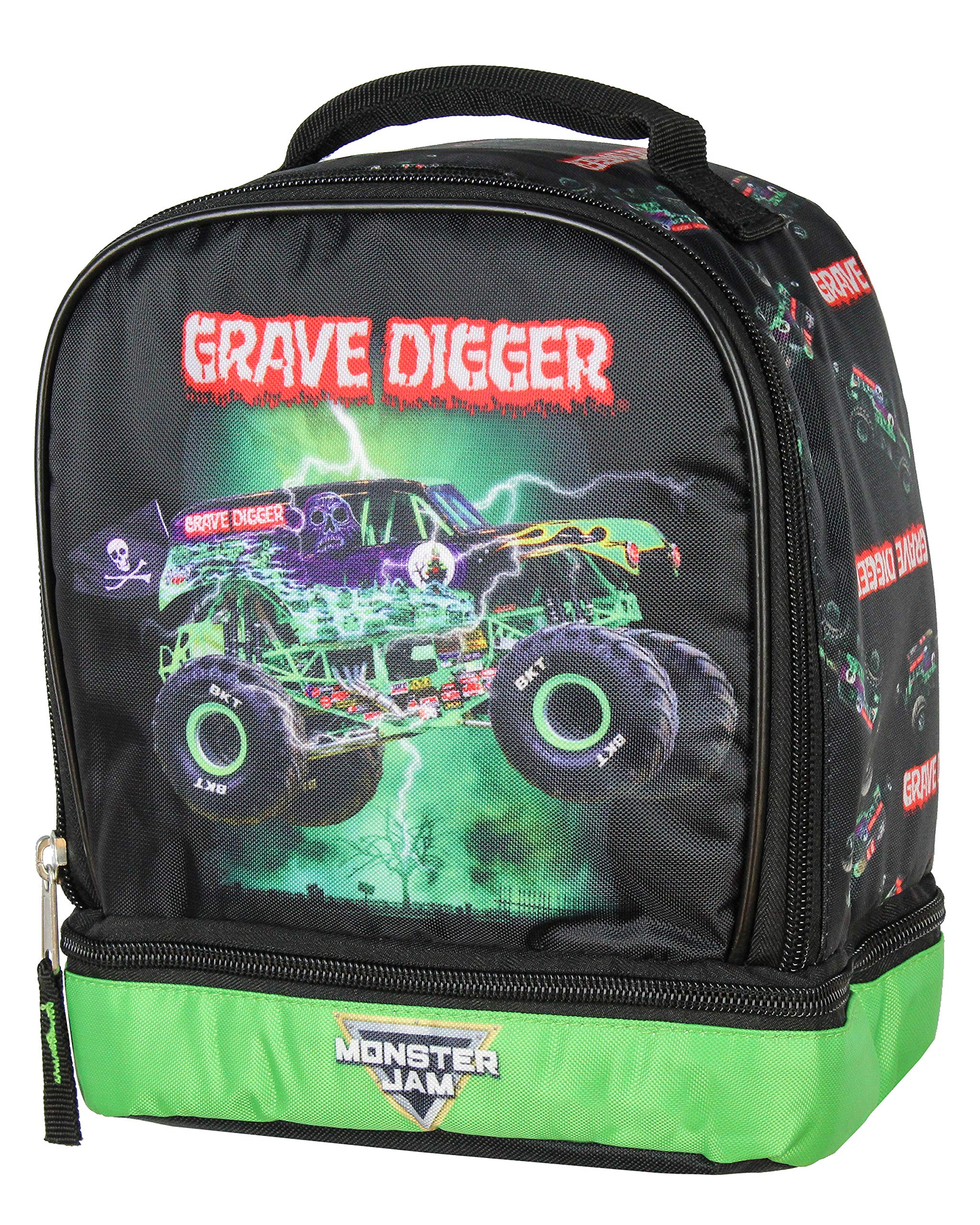 INTIMO Monster Jam Grave Digger lunch bag front view with dual compartments for separate hot and cold items.