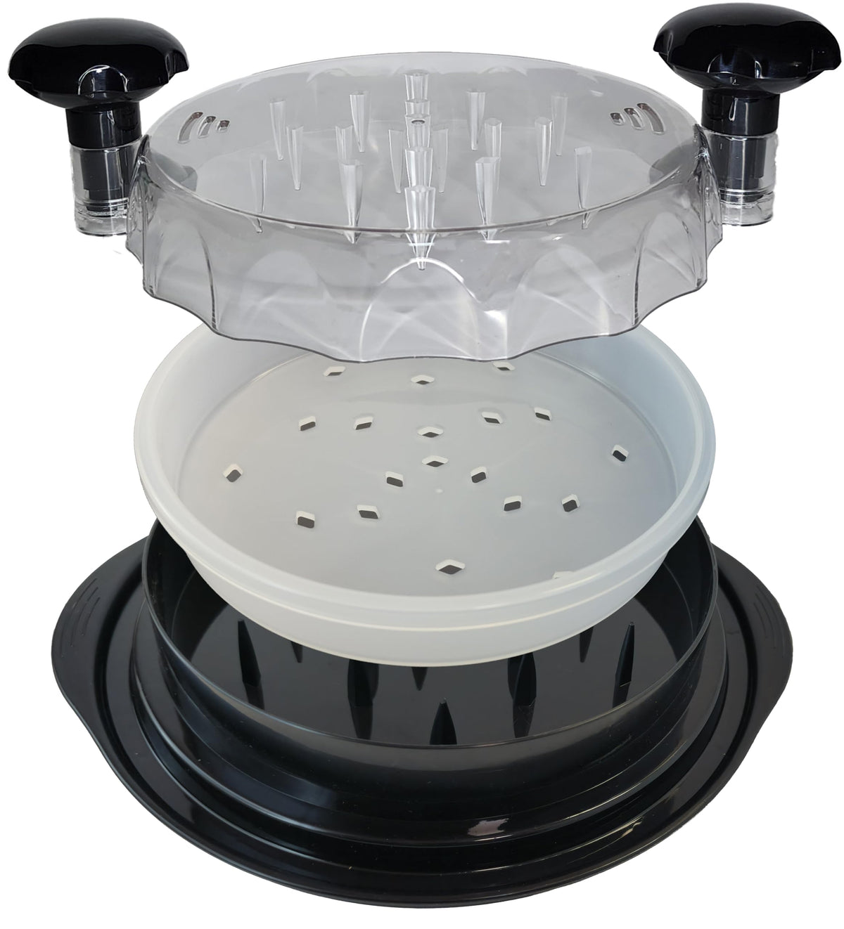 IntraValue chicken breast shredder twist top view with vented lid for visibility