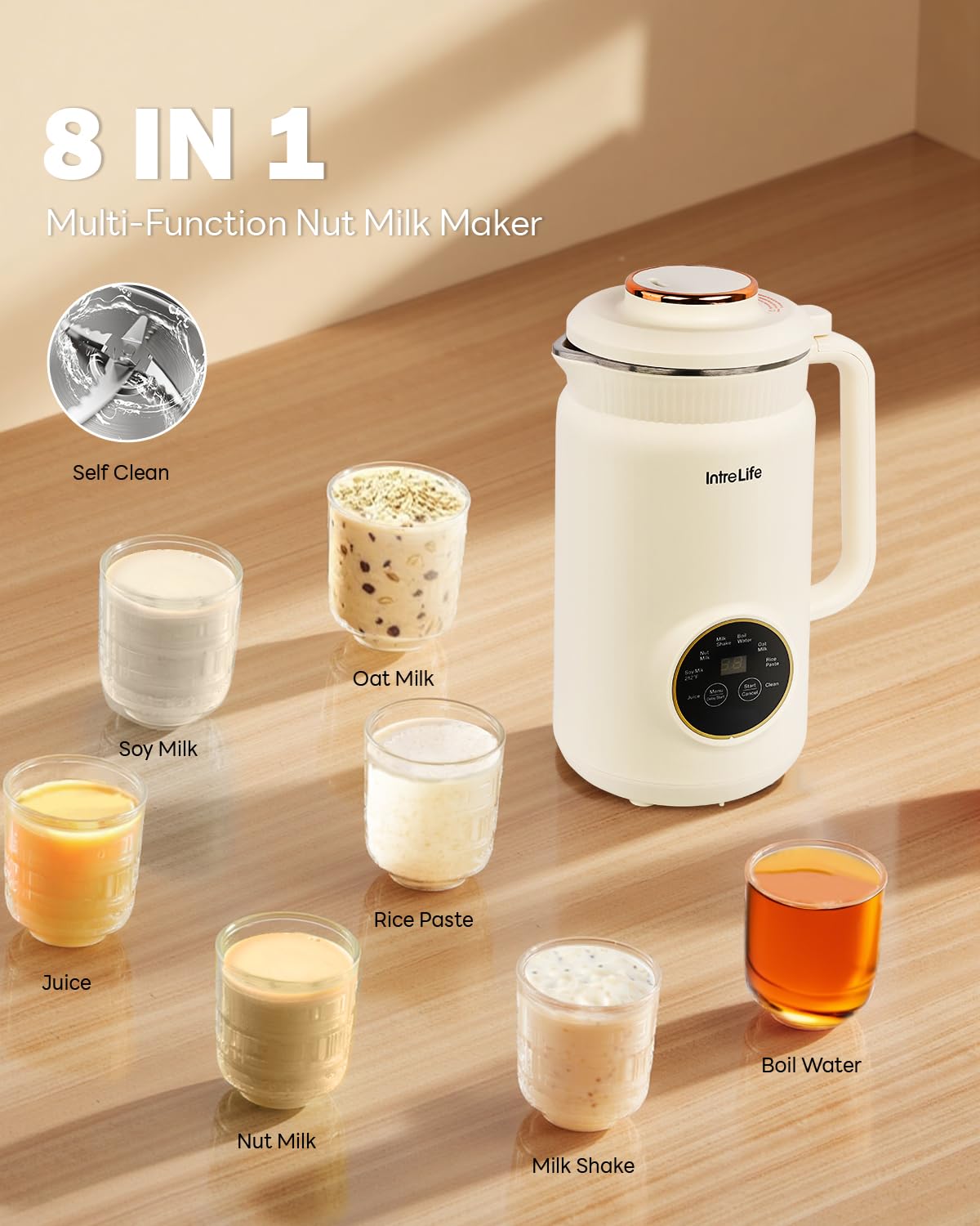 IntreLife 8-in-1 program display for effortless plant-based milk preparation