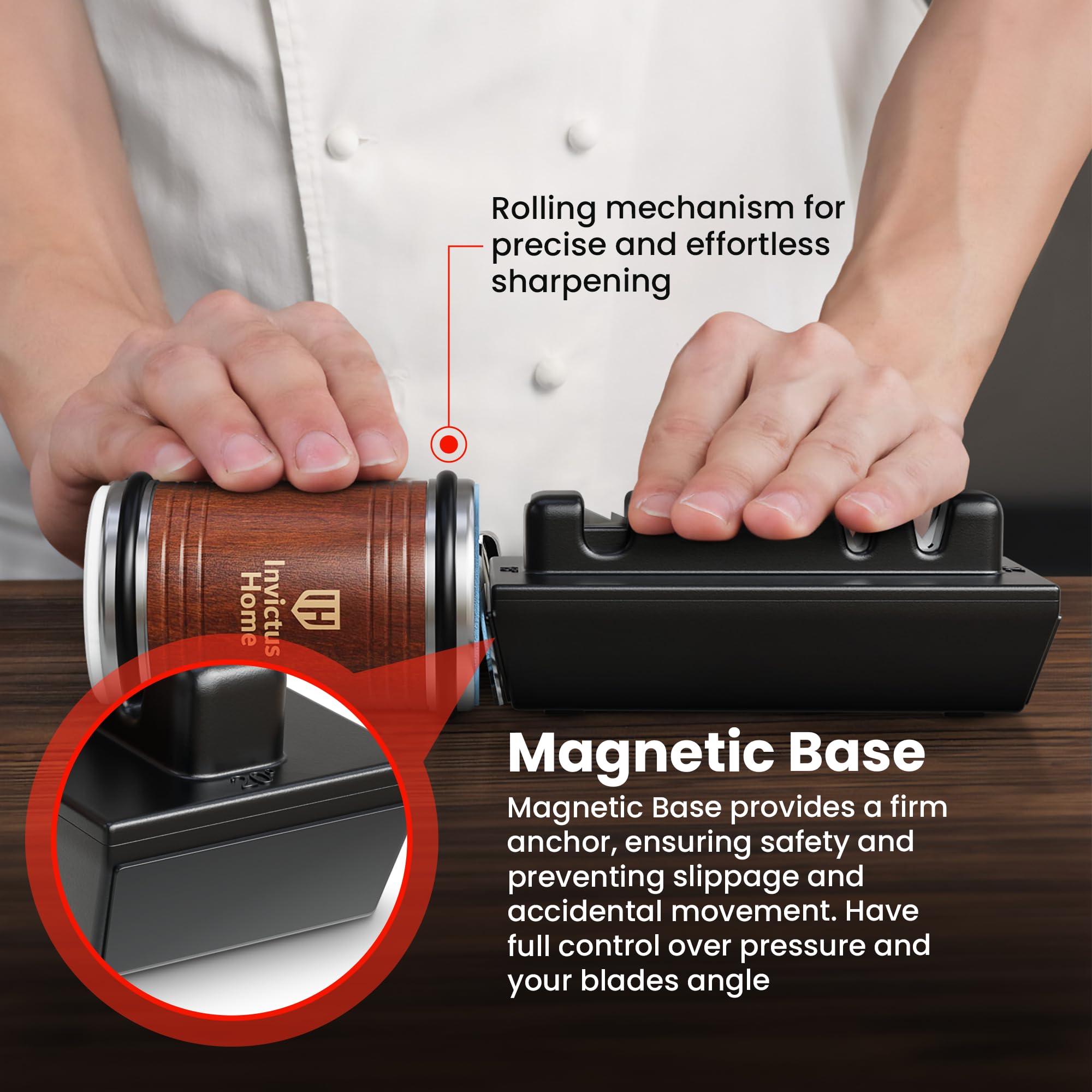 Invictus Home ergonomic handheld design fits comfortably in grip during sharpening