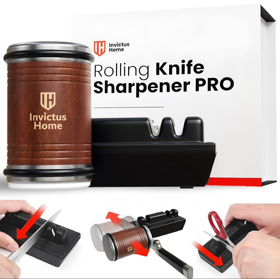 Invictus Home tumbler rolling knife sharpener kit shown in use on a kitchen counter for portable precision