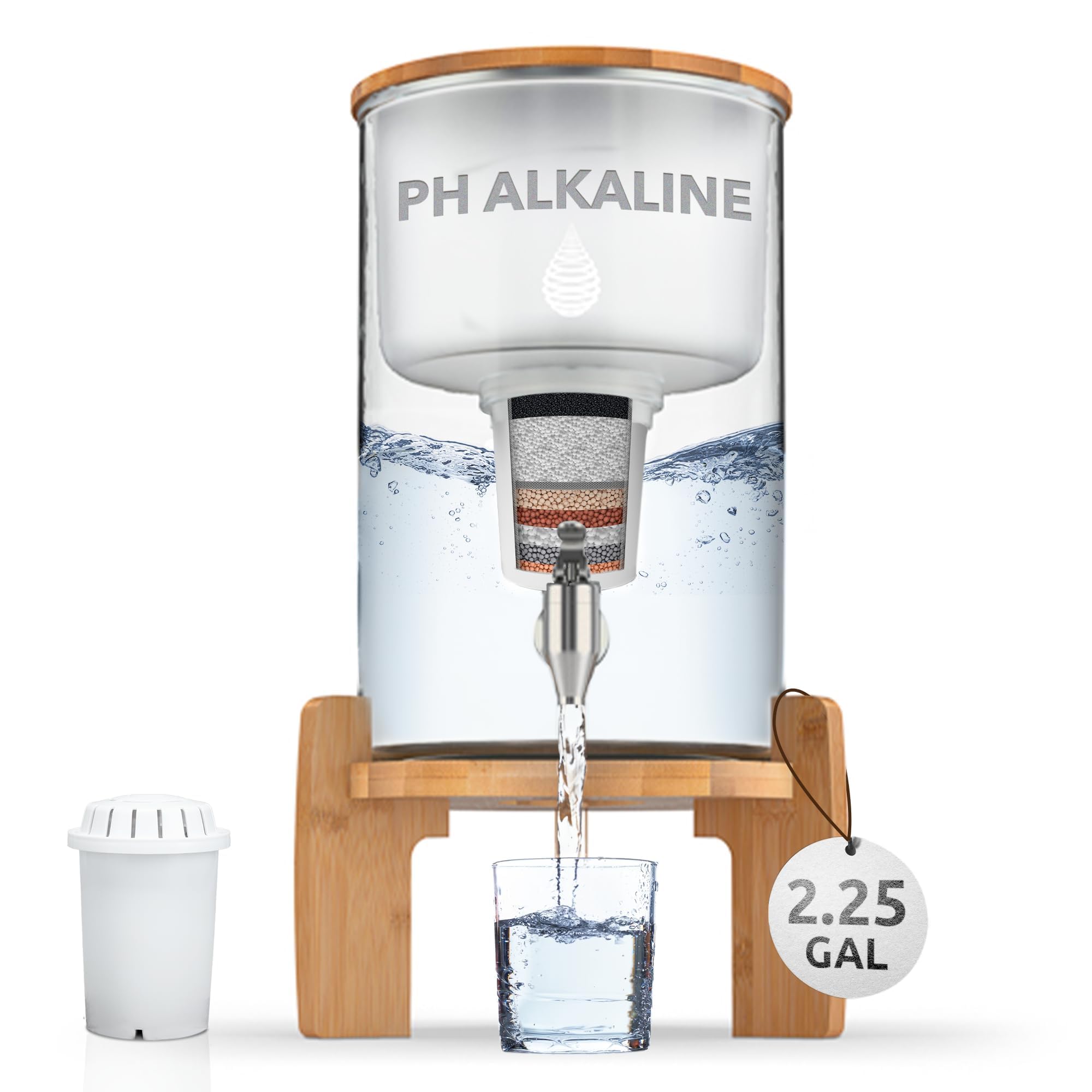 Invigorated Water glass alkaline dispenser on counter for clean hydration.