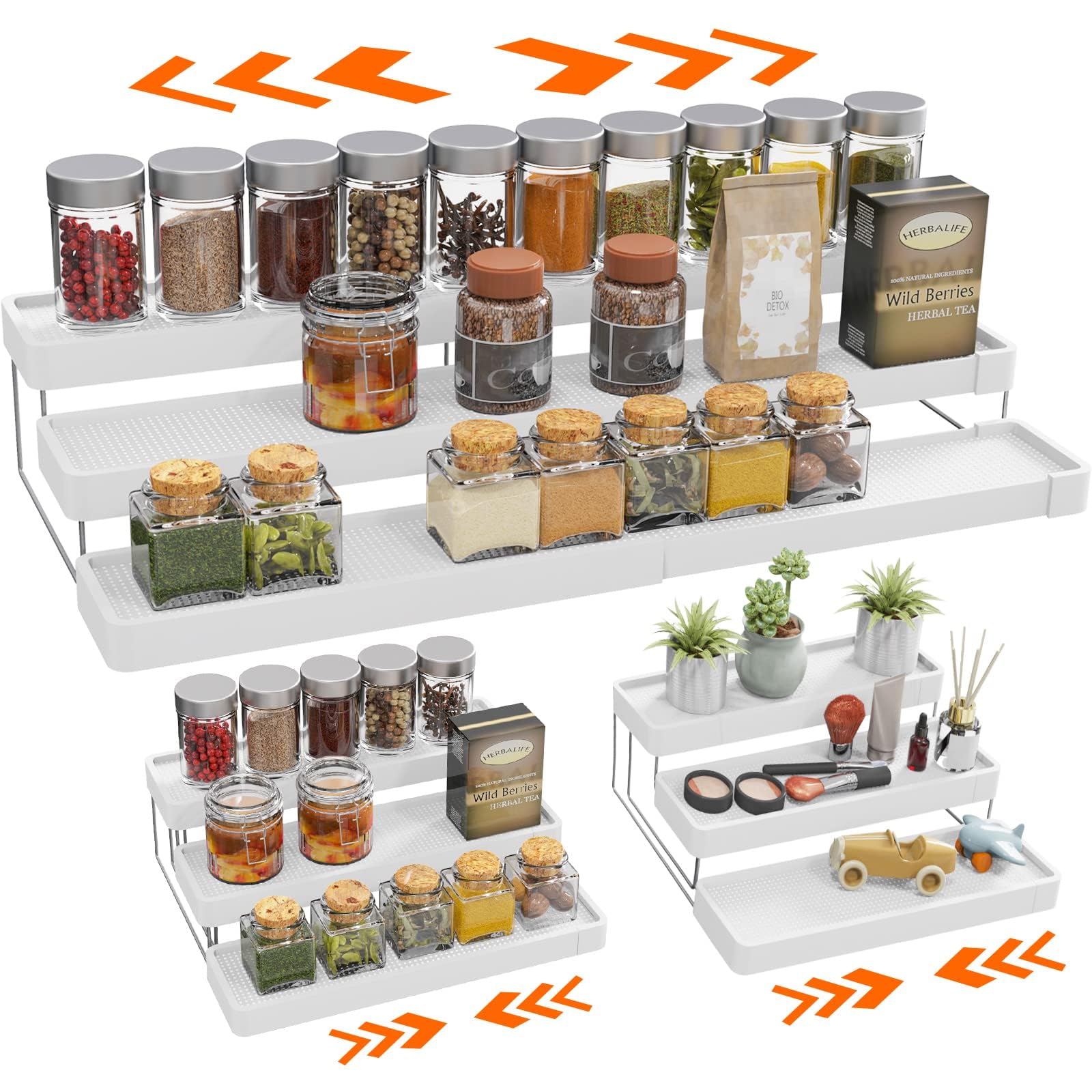 INVOCOO Expandable Spice Rack with extendable design for flexible kitchen storage.