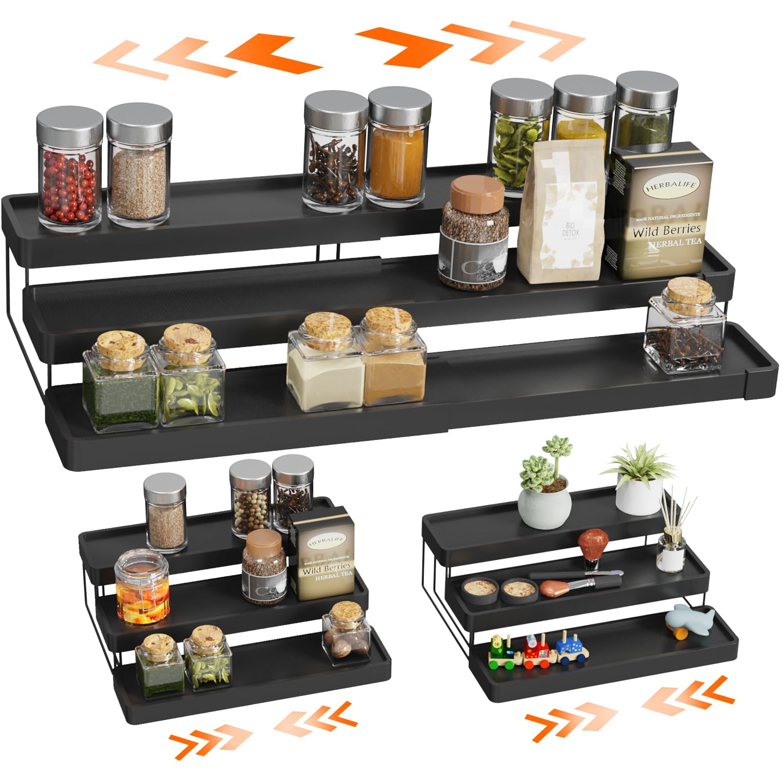 INVOCOO expandable spice rack 3-tier keeps spices within easy reach.