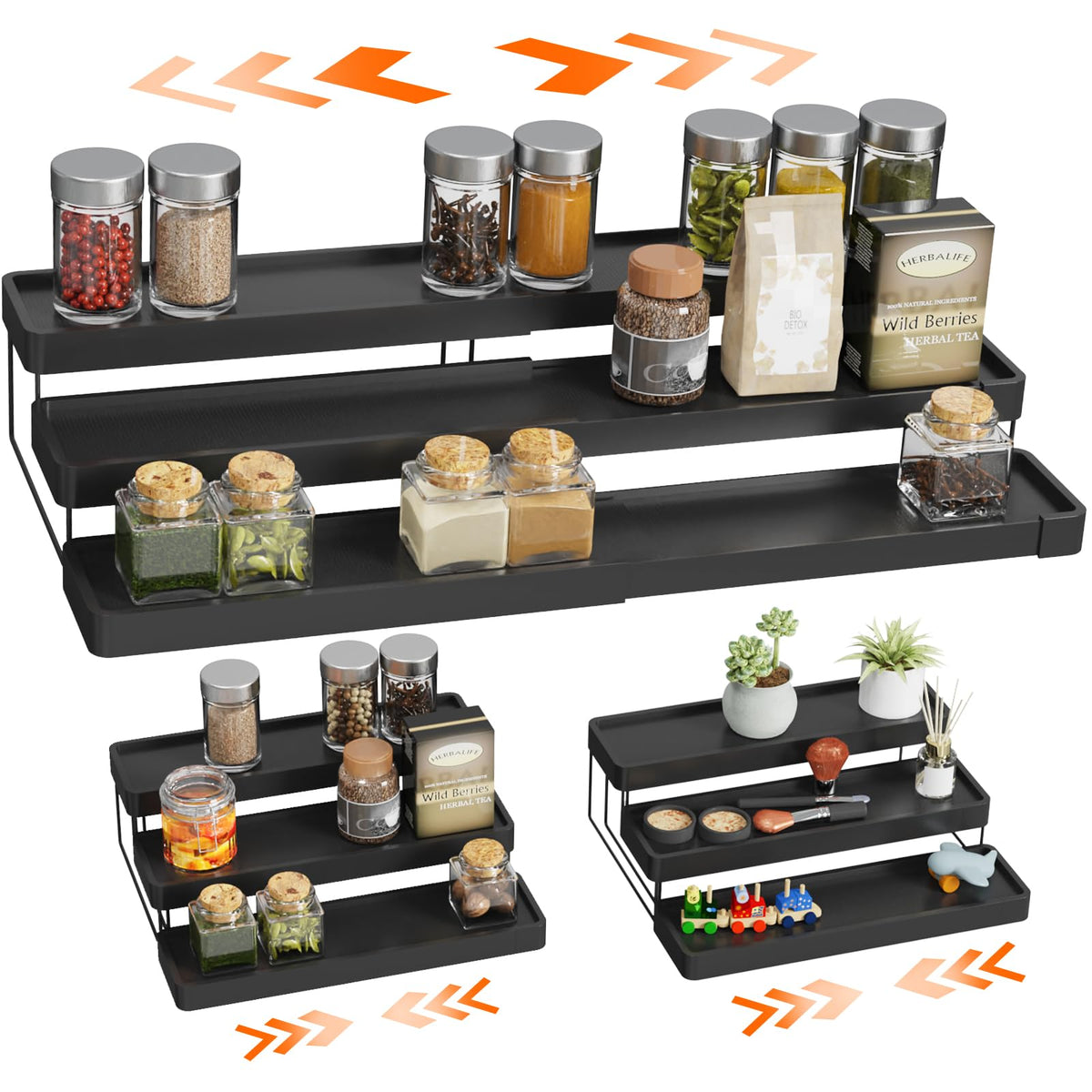 INVOCOO expandable spice rack 3-tier keeps spices within easy reach.