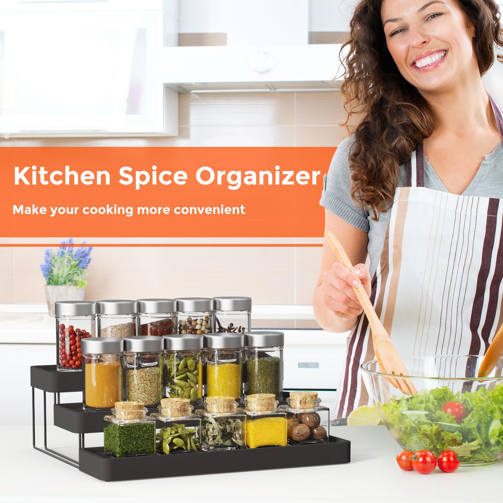 INVOCOO multi-functional spice rack stores condiments and small items.