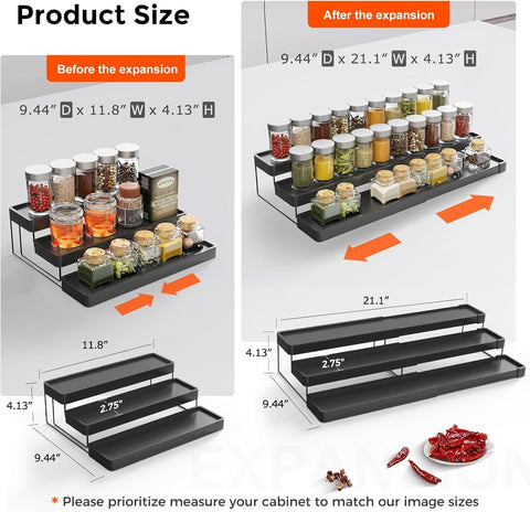 INVOCOO expandable-spice-rack-extendable-length shows extended rails for flexible storage.