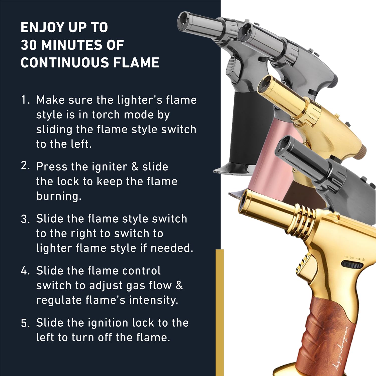 inZaynity ignition-lock kitchen torch showing convenient one-handed ignition for quick sears.