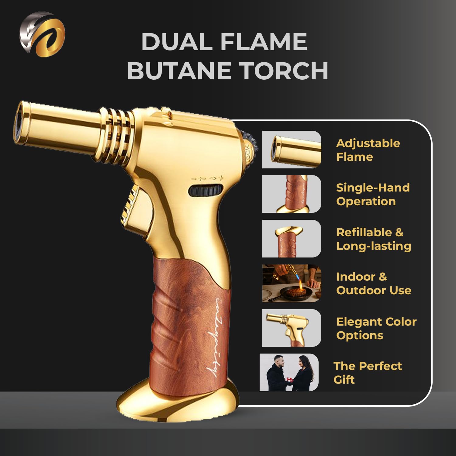 inZaynity portable gold brown torch highlighting luxurious finish and compact storage.