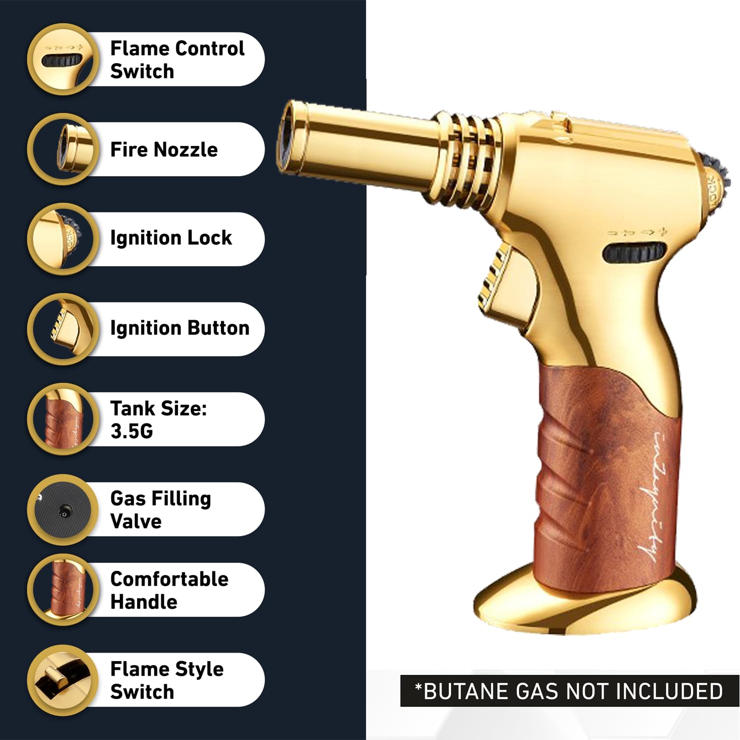 inZaynity refillable butane torch highlighting ignition lock for continuous flame during cooking.