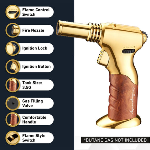 inZaynity refillable butane torch highlighting ignition lock for continuous flame during cooking.