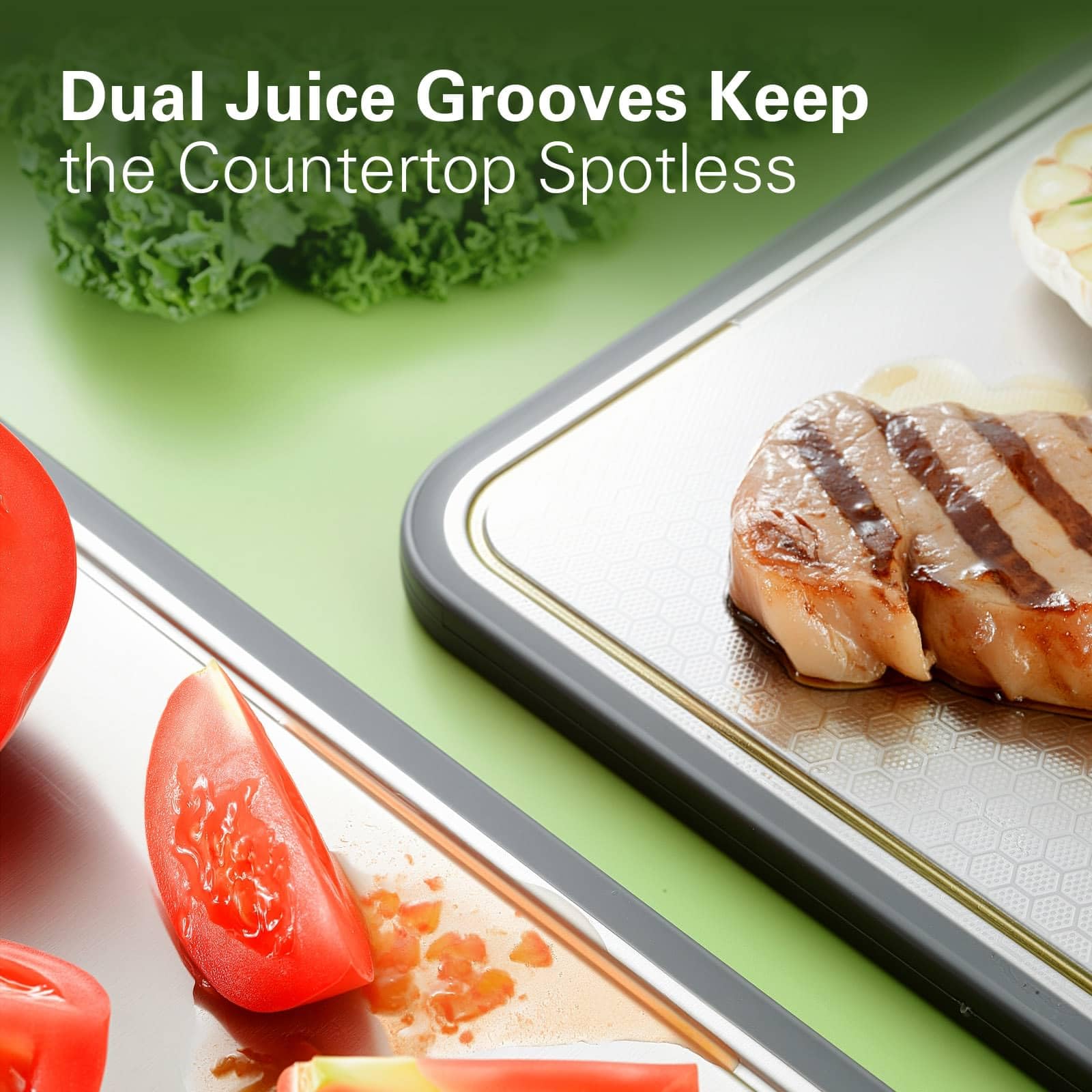 INZOO cutting board juice groove catches liquids during meat or fruit prep