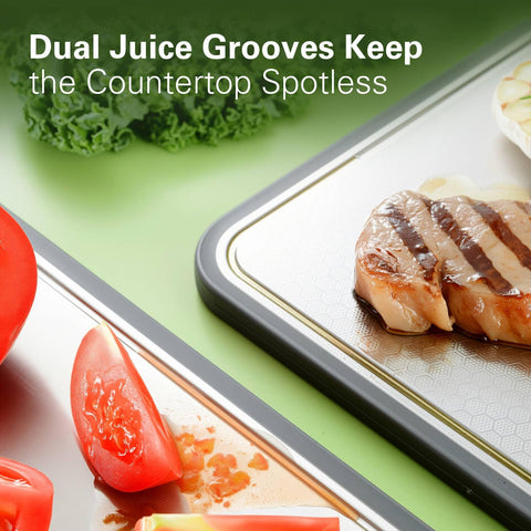 INZOO cutting board juice groove catches liquids during meat or fruit prep