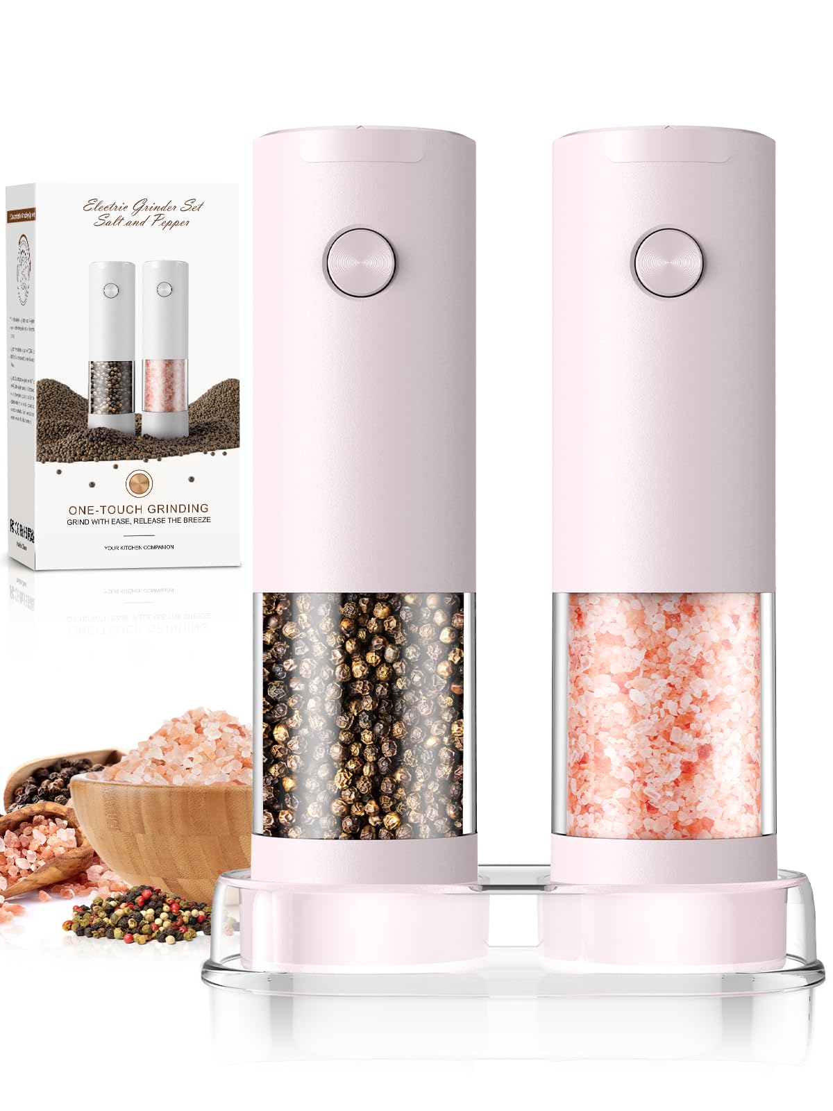 ioion salt and pepper grinder set in pink, automatic operation for easy meals