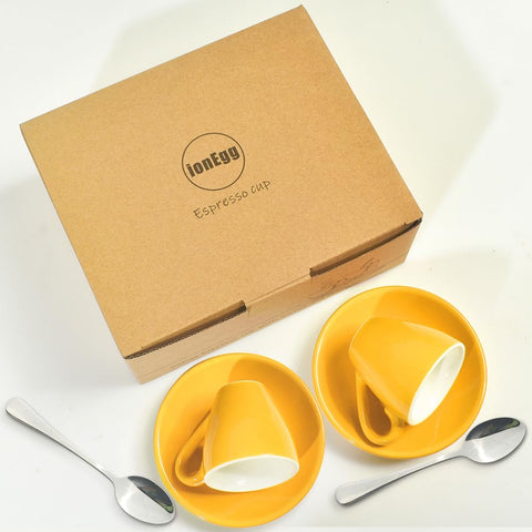 ionEgg gift-ready box with cups, saucers, and spoons in yellow