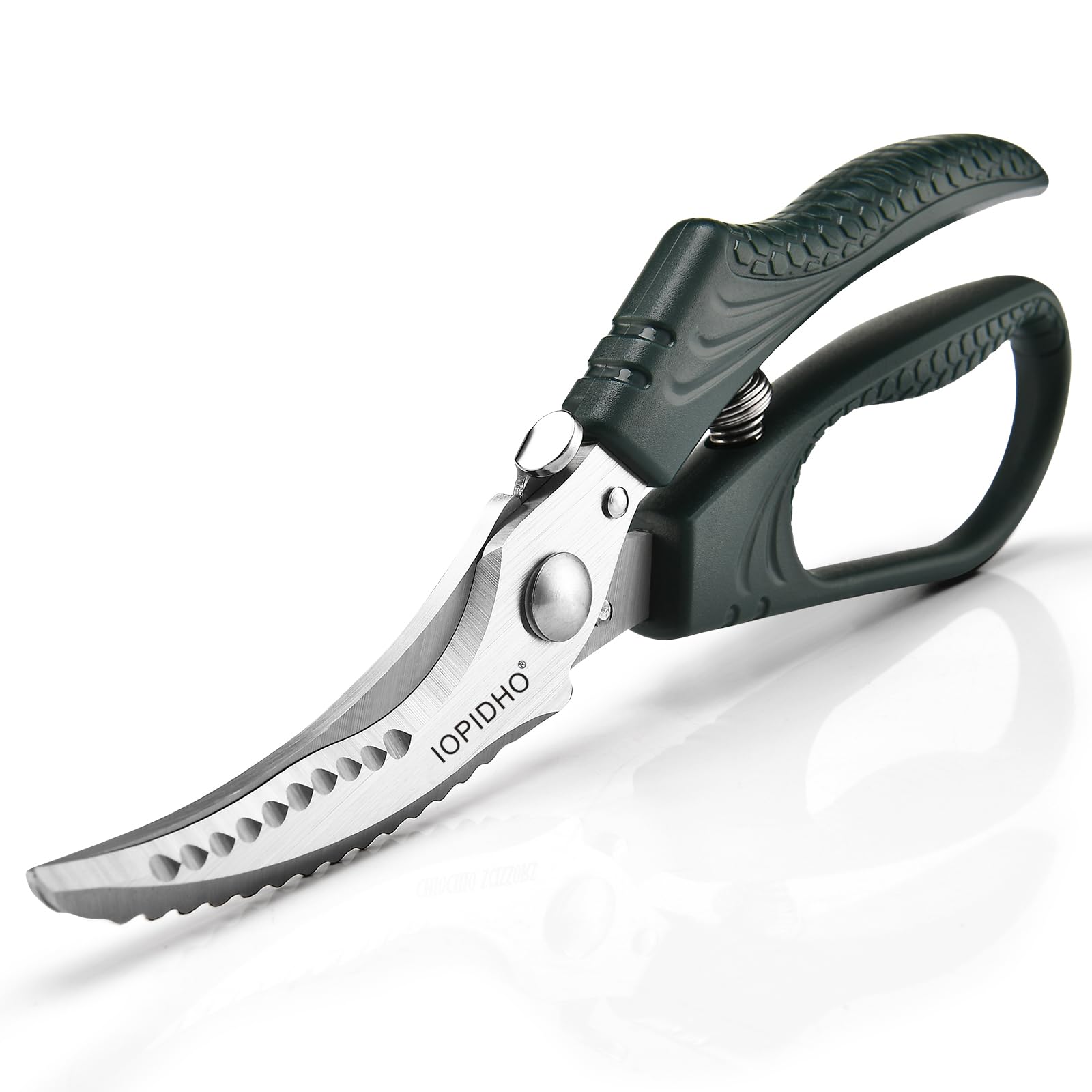 IOPIDHO poultry scissors blade close-up shows sharp edge for precise cuts in tough ingredients.