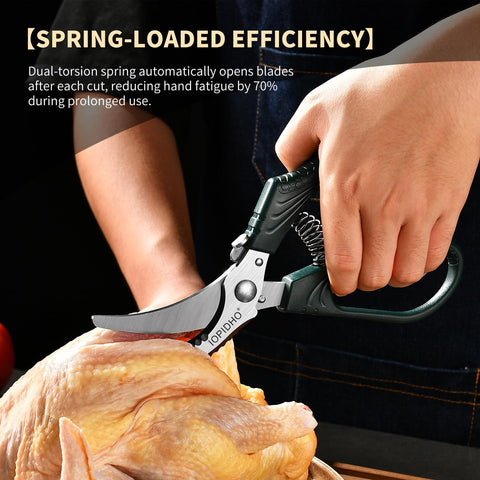 IOPIDHO poultry scissors safety-lock keeps blades secured after use for safe storage.