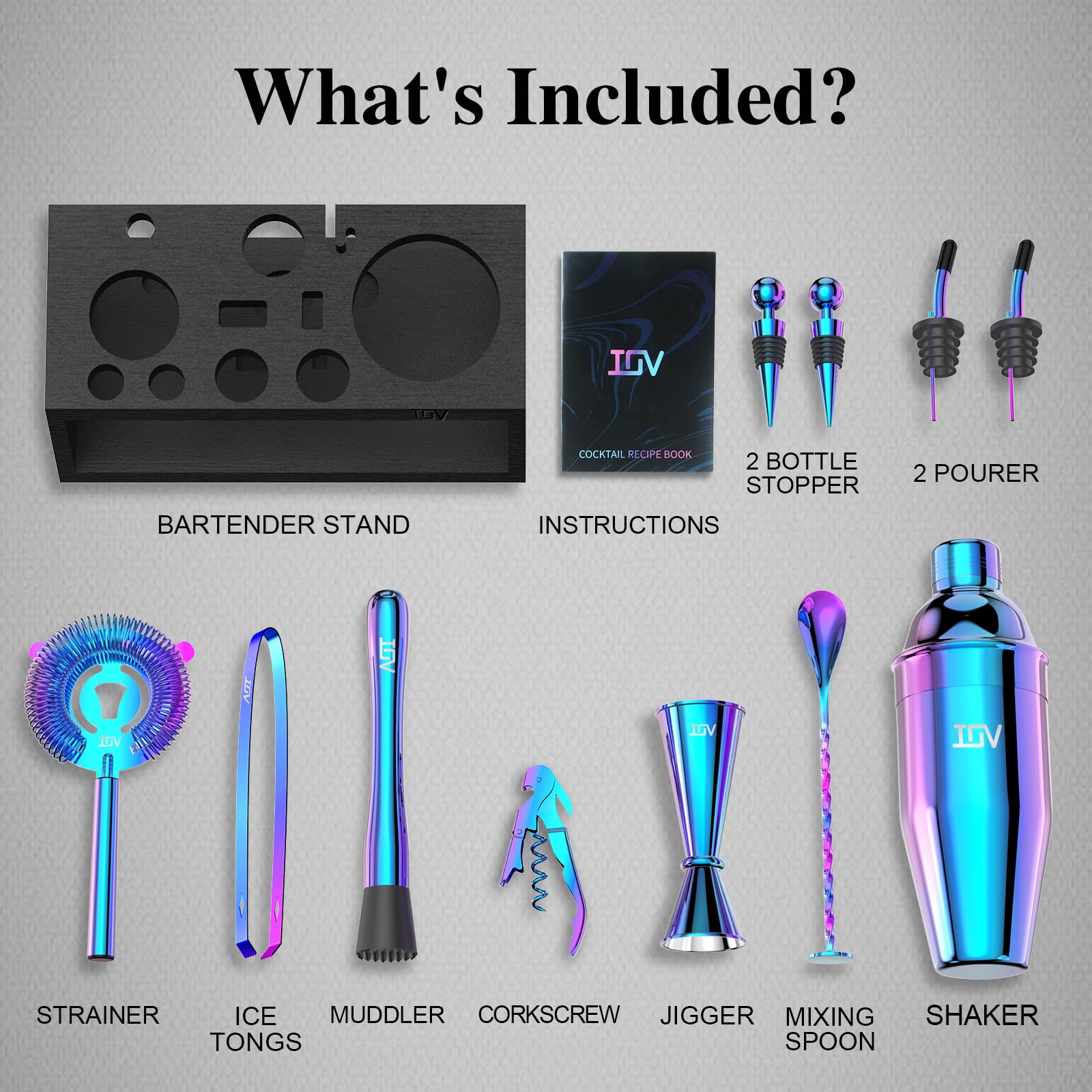IOV 12-piece cocktail set ready for crafting drinks with vibrant colors.