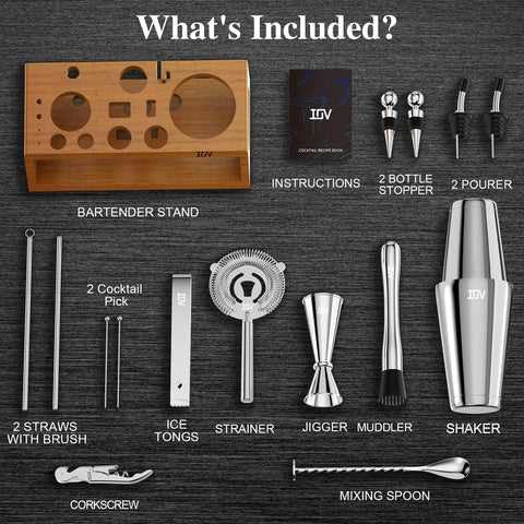 IOV 17-piece cocktail shaker set with stand for quick, professional-level mixing