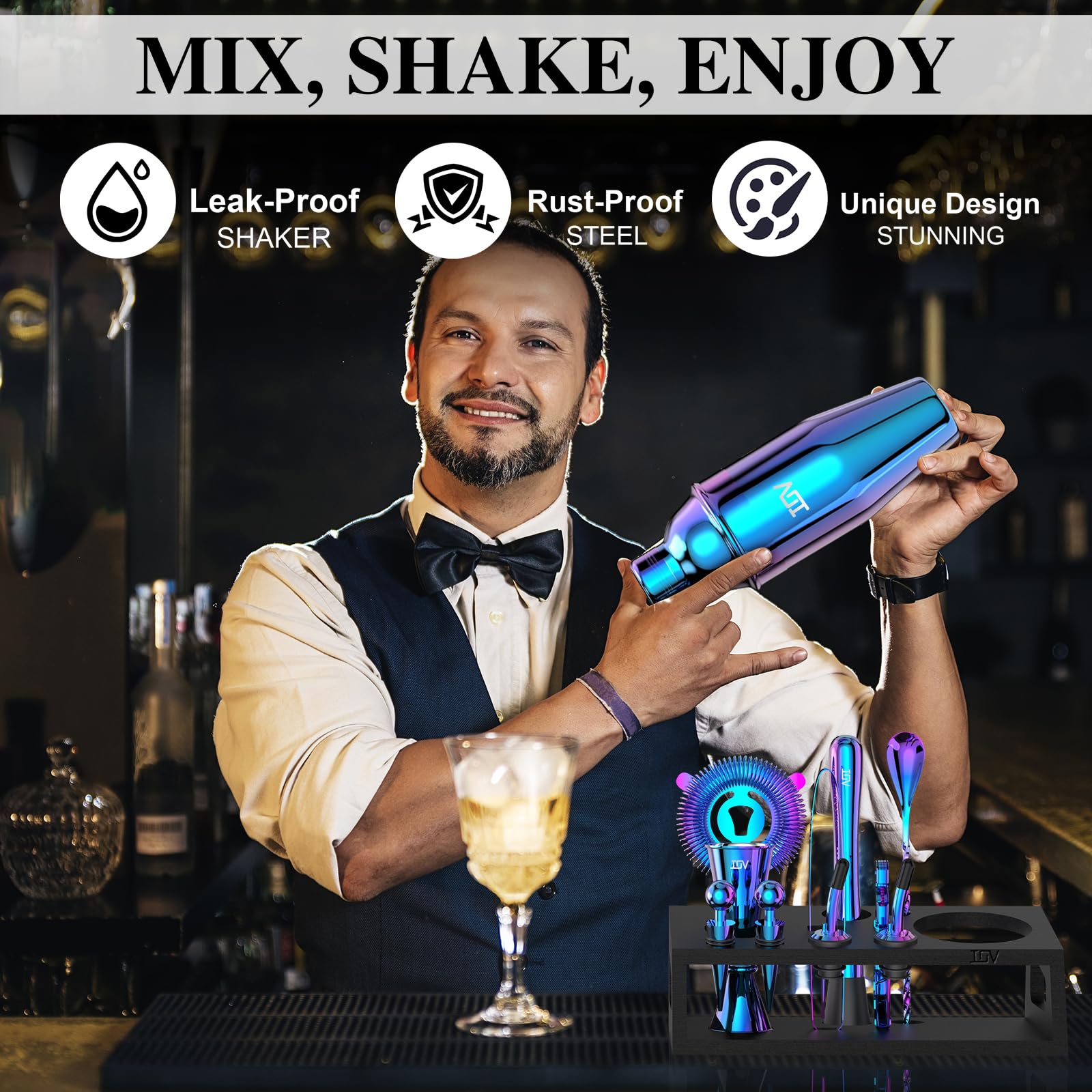 IOV 24-ounce martini shaker with built-in strainer for smooth mixing.