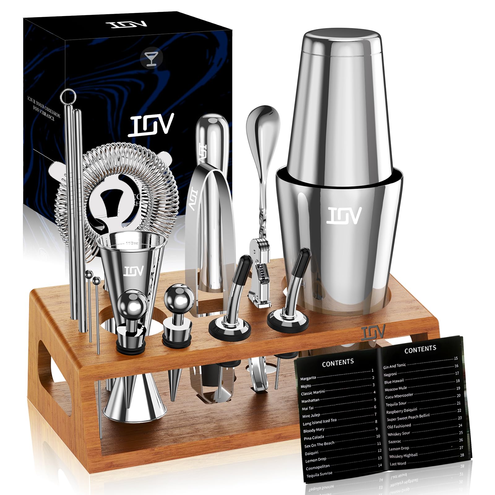IOV Mixology Bartender Kit on bamboo stand showcasing organized bar tools