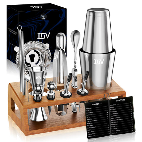 IOV Mixology Bartender Kit on bamboo stand showcasing organized bar tools