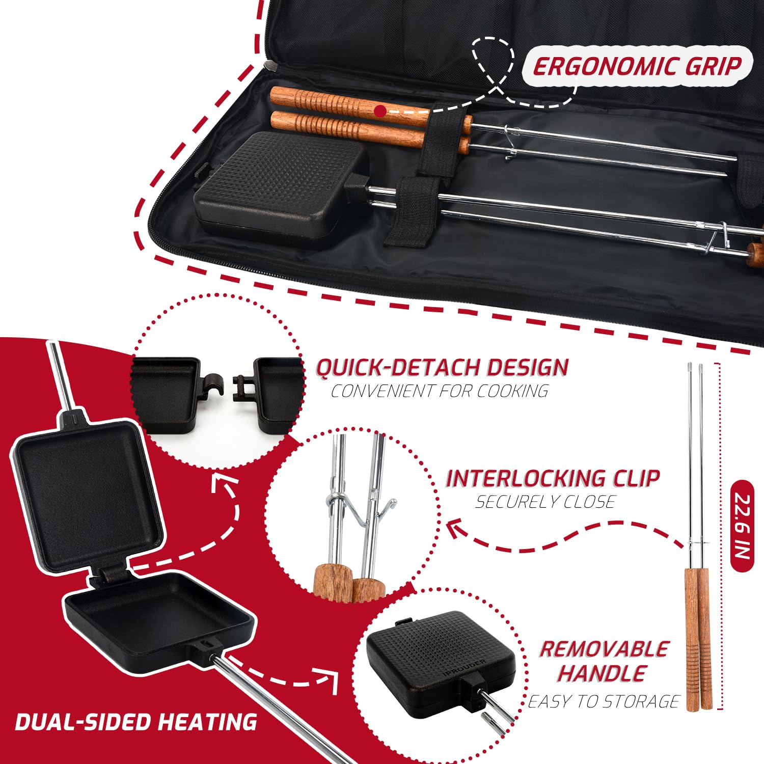 IPROUDER seasoned cast-iron press reduces sticking during cooking.