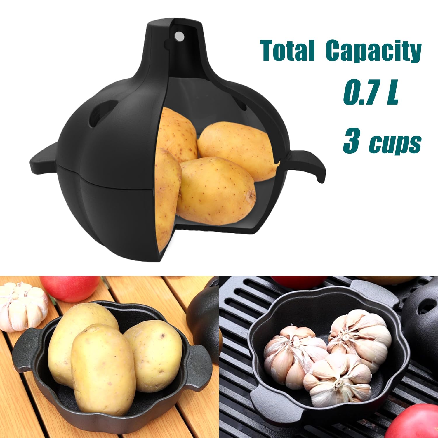 IPROUDER garlic roaster close-up highlighting seasoned cast iron and readiness.