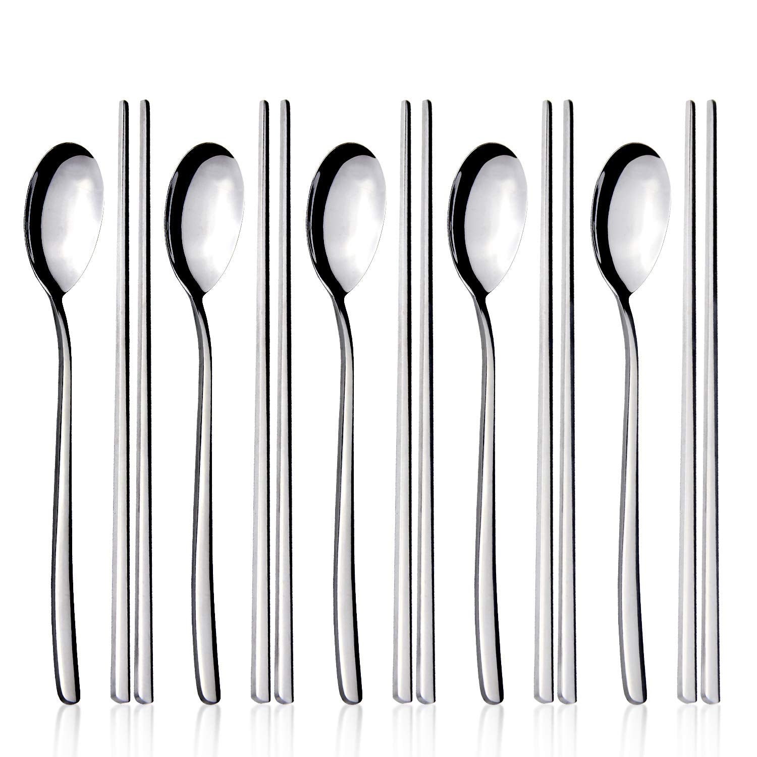 IQCWOOD spoons and chopsticks set in stainless steel, rust-resistant and durable for daily use.