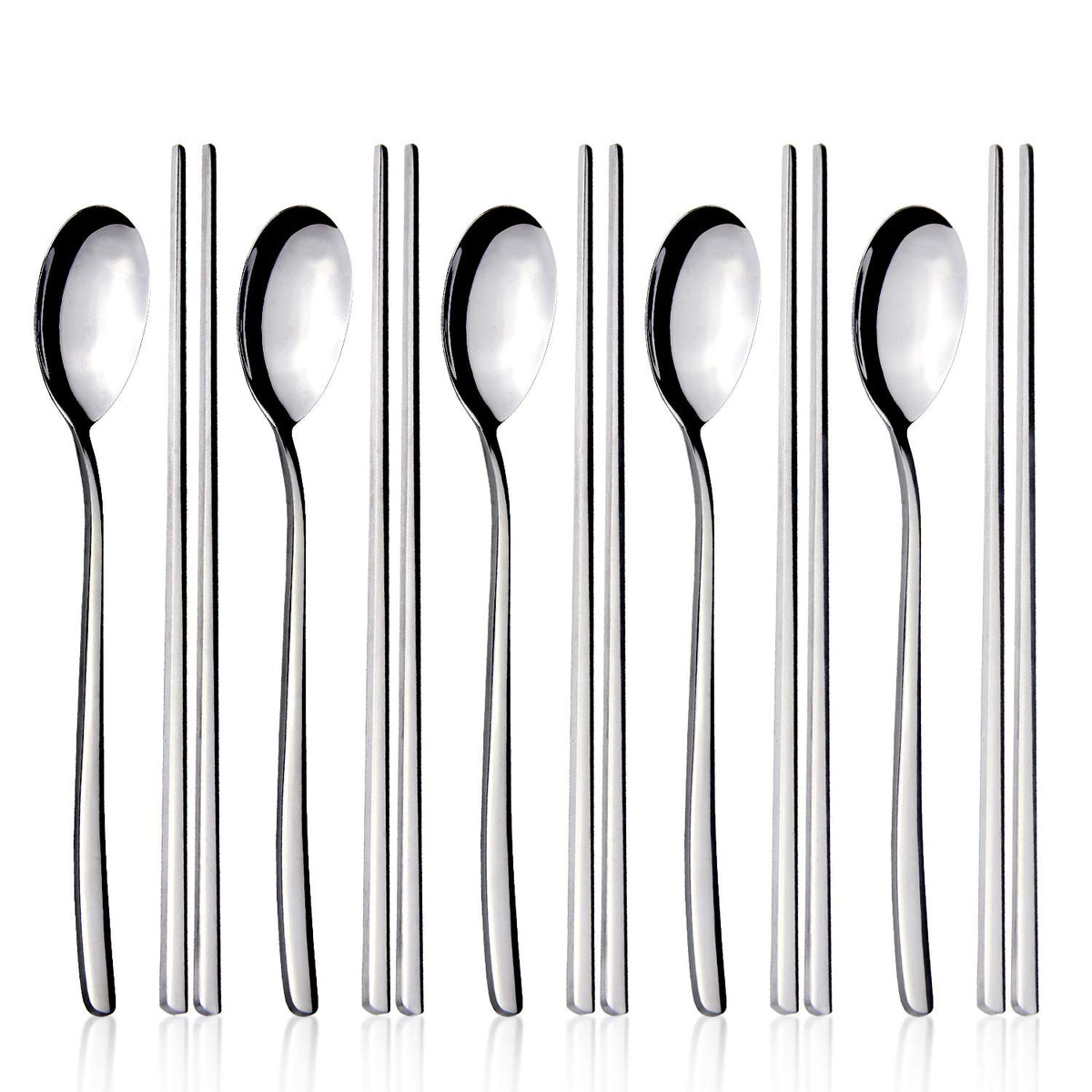 IQCWOOD spoons and chopsticks set in stainless steel, rust-resistant and durable for daily use.