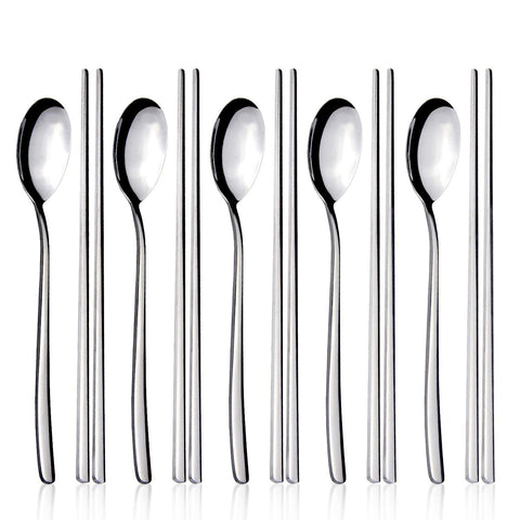 IQCWOOD spoons and chopsticks set in stainless steel, rust-resistant and durable for daily use.
