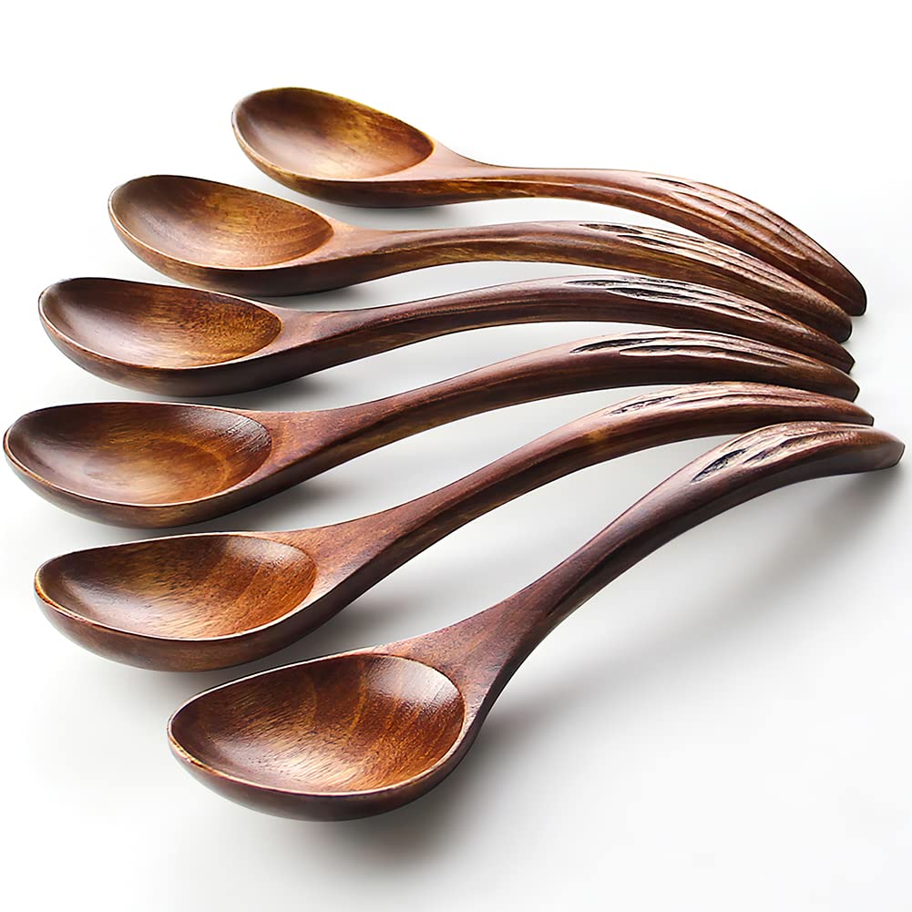 IQCWOOD wooden soup spoons set with six pieces, lightweight and durable for everyday meals.