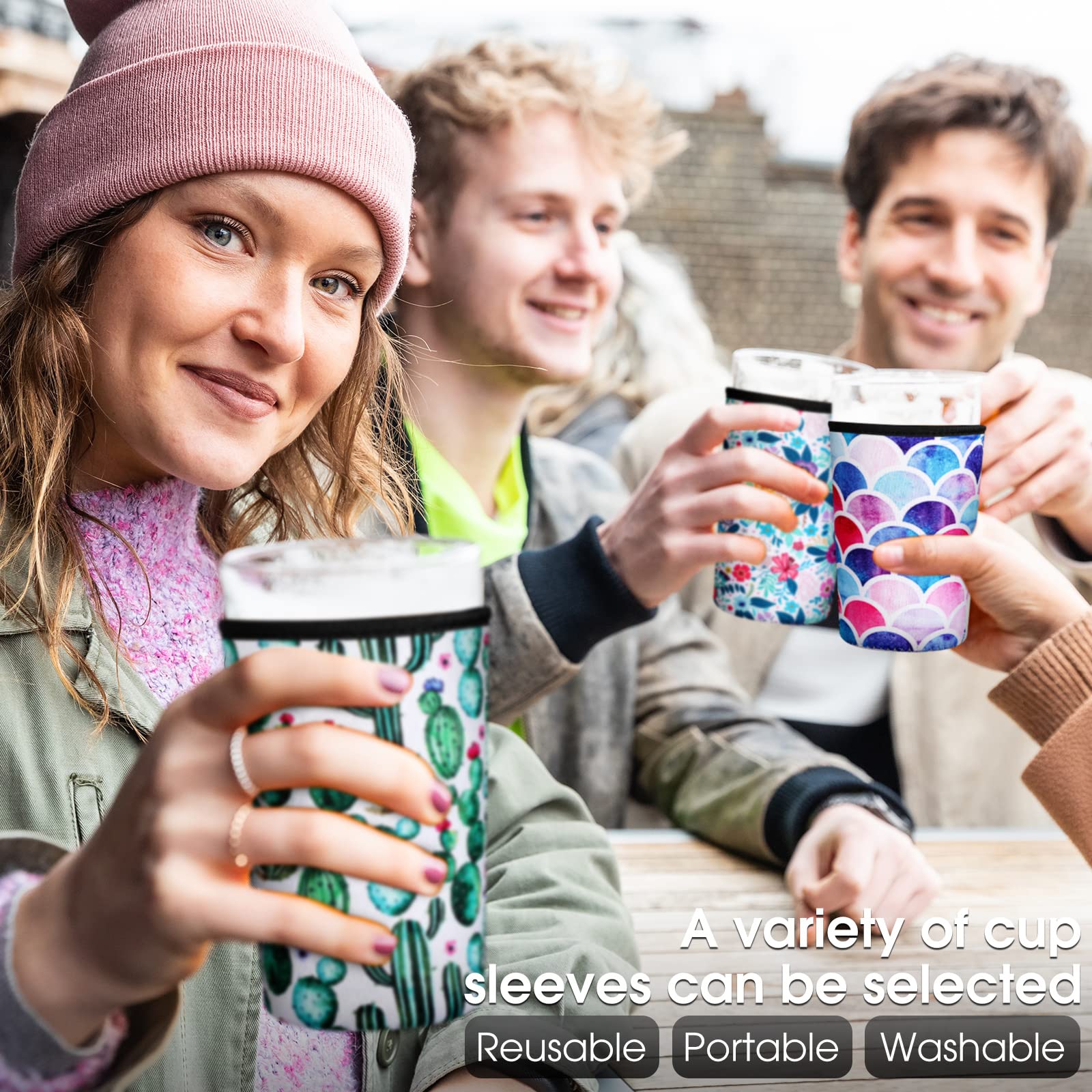 Irenare multicolor stripe sleeve brightens outings while insulating beverages.