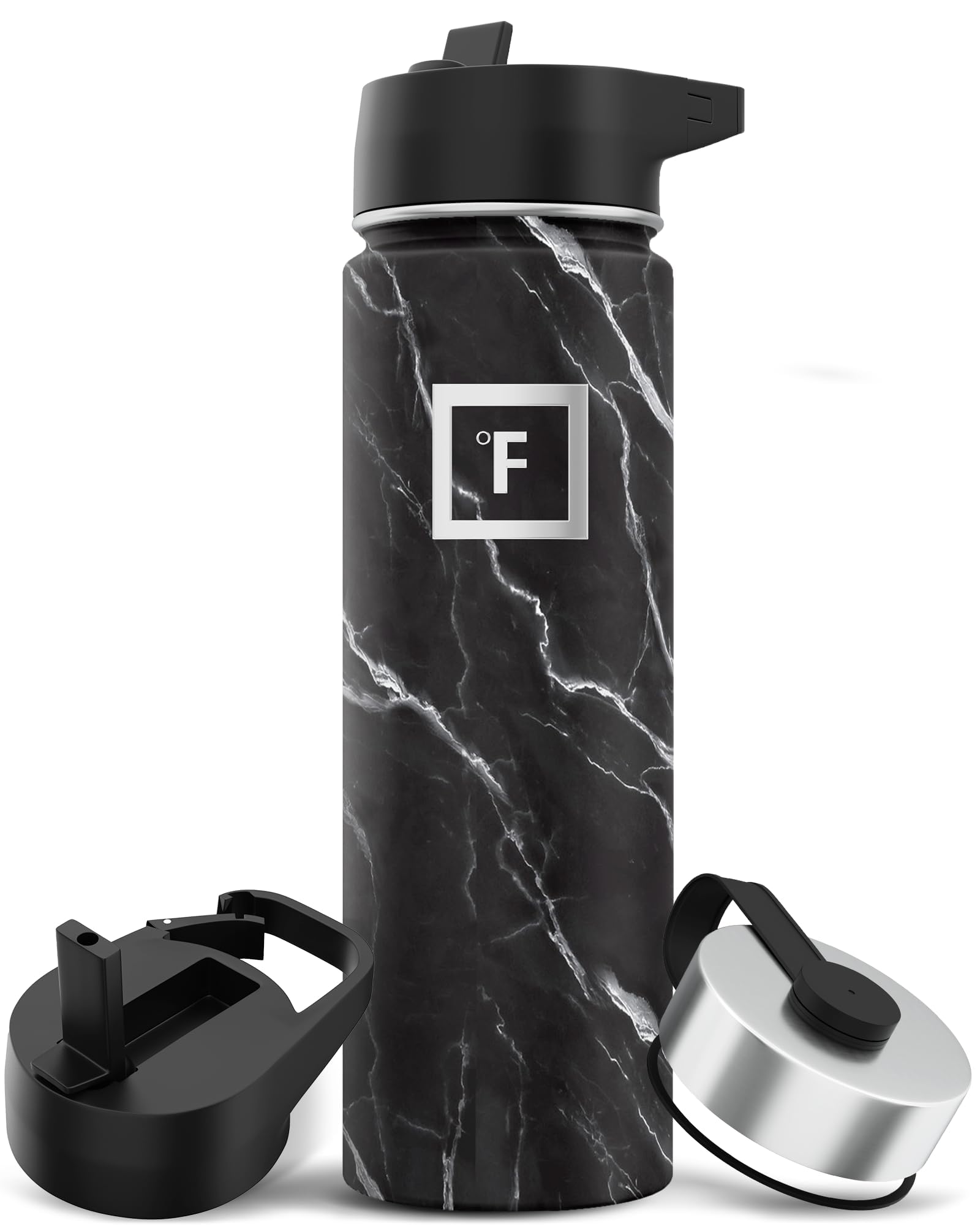 IRON °FLASK camping bottle with straw lid for easy outdoor hydration on trails.
