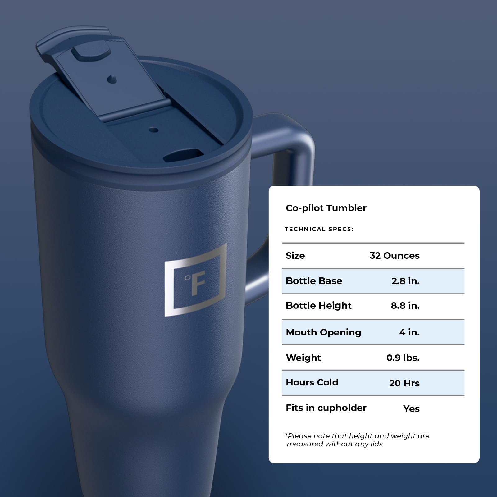 32-ounce capacity of IRON °FLASK Co-Pilot keeps hydration nearby during long days.