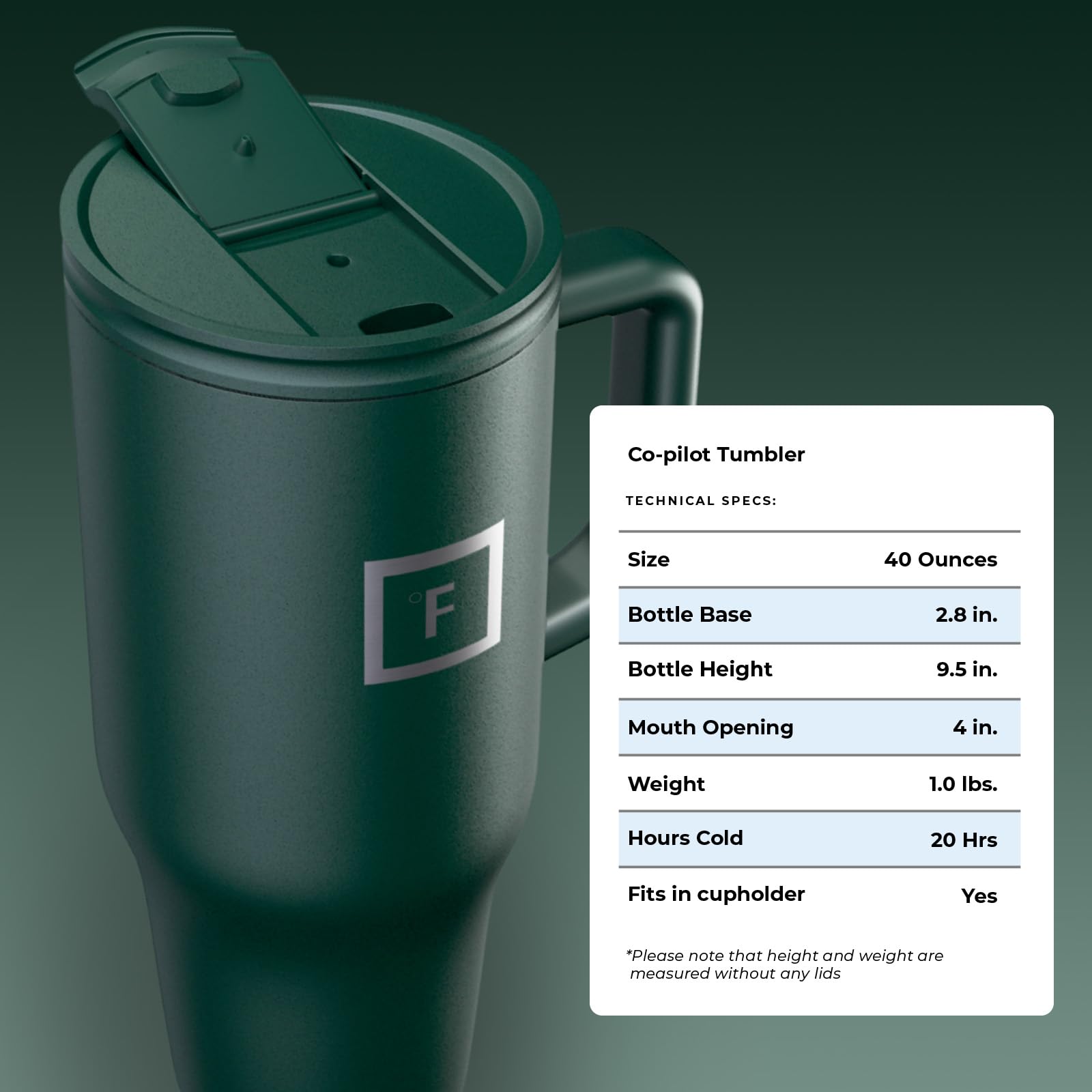 IRON °FLASK Co-Pilot 40 oz dark pine finish suits outdoor adventures.
