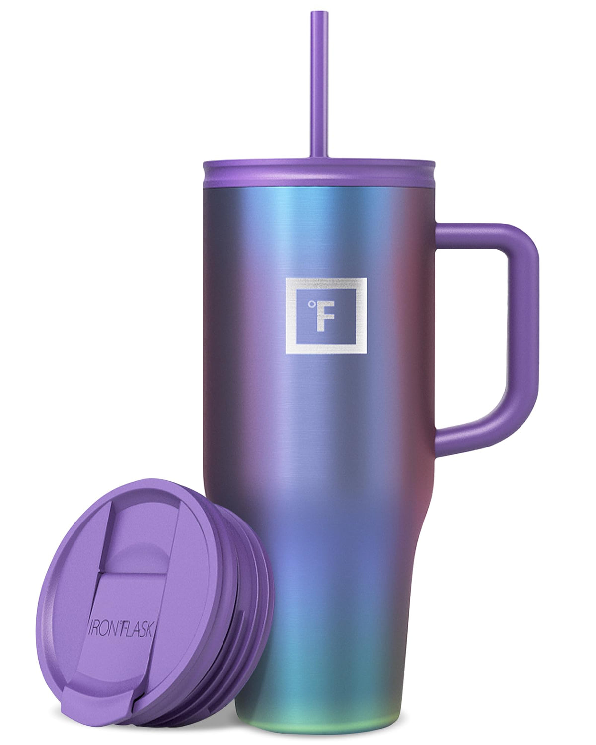 IRON °FLASK Co-Pilot Aurora mug front view shows travel-ready design that fits cup holders.