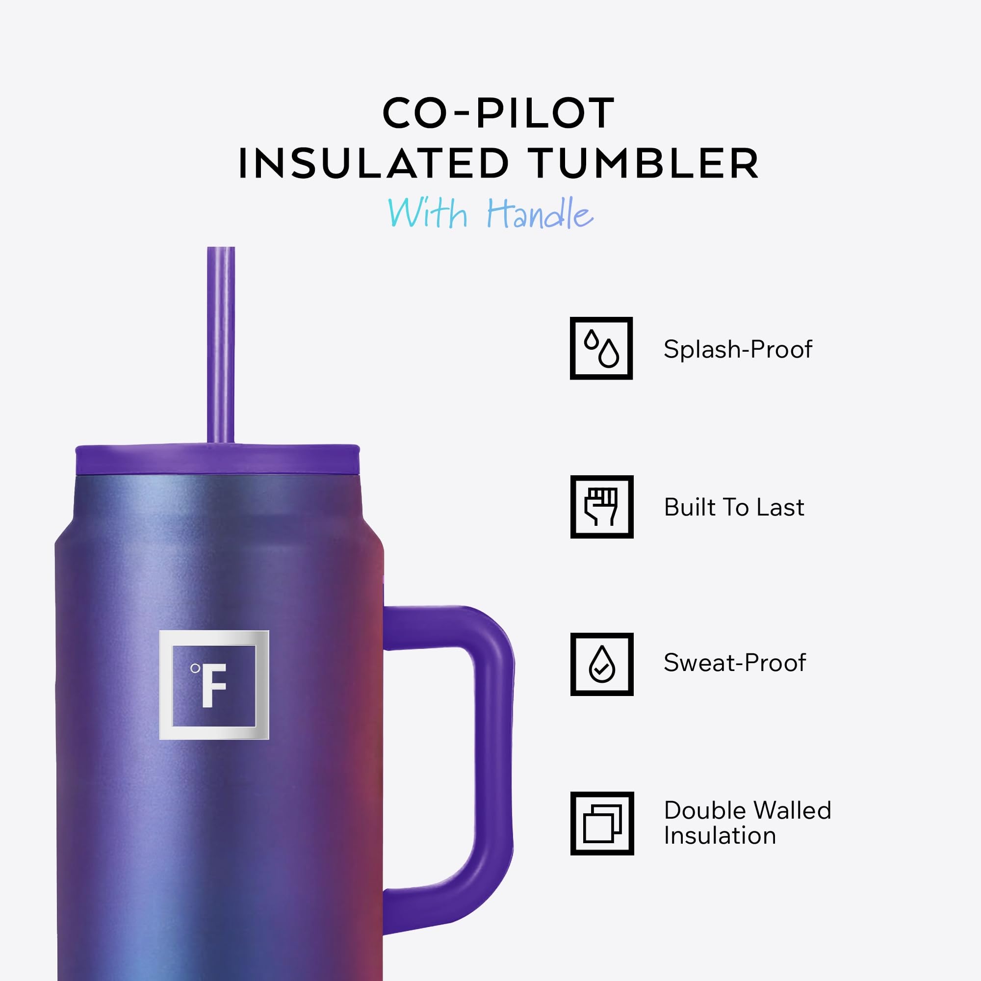 IRON °FLASK Co-Pilot with flip-cap lid offers leak-proof travel for hot or cold drinks.