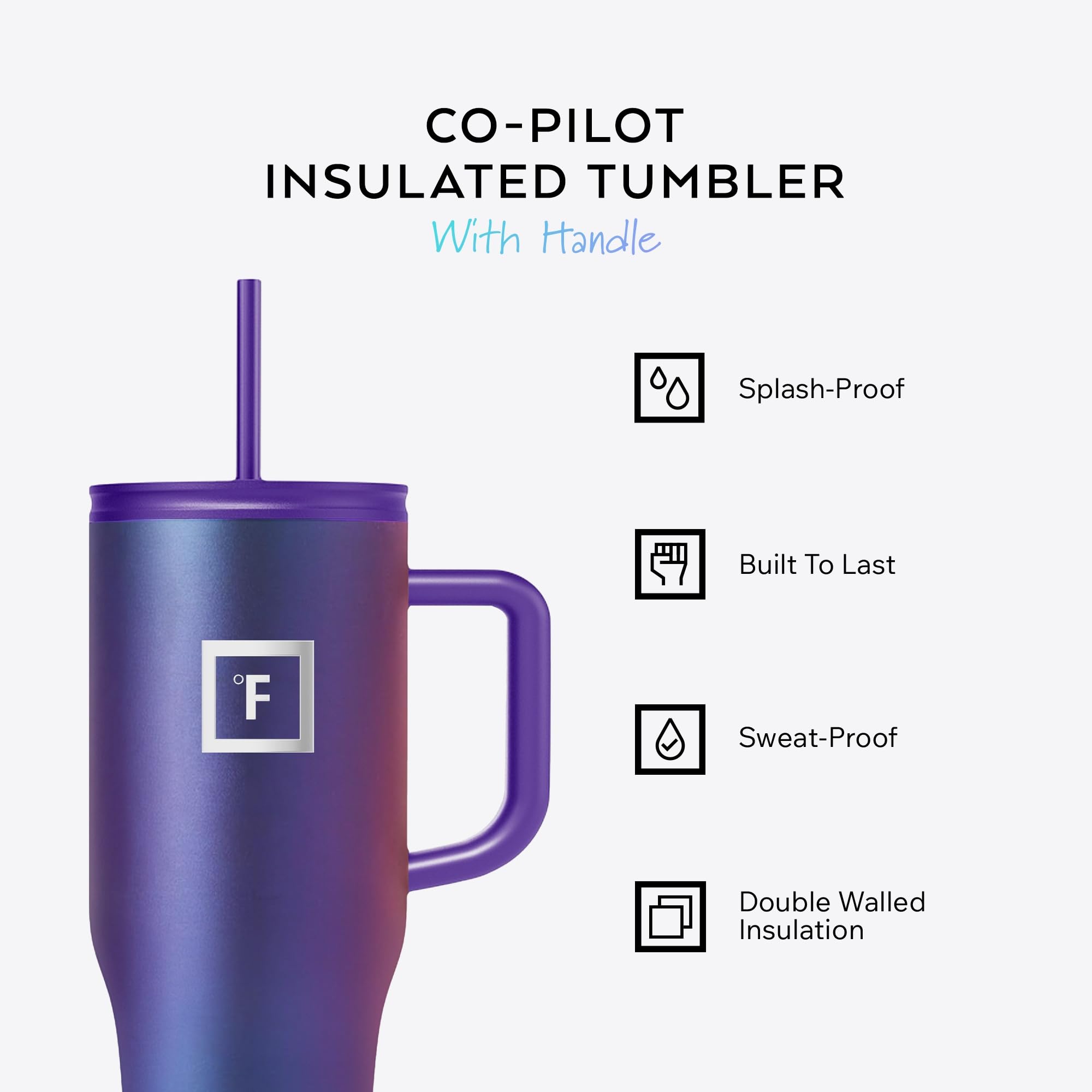 IRON °FLASK Co-Pilot mug with flip-cap lid provides leak-proof closure for hot or cold drinks.