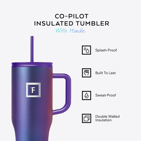 IRON °FLASK Co-Pilot mug with flip-cap lid provides leak-proof closure for hot or cold drinks.