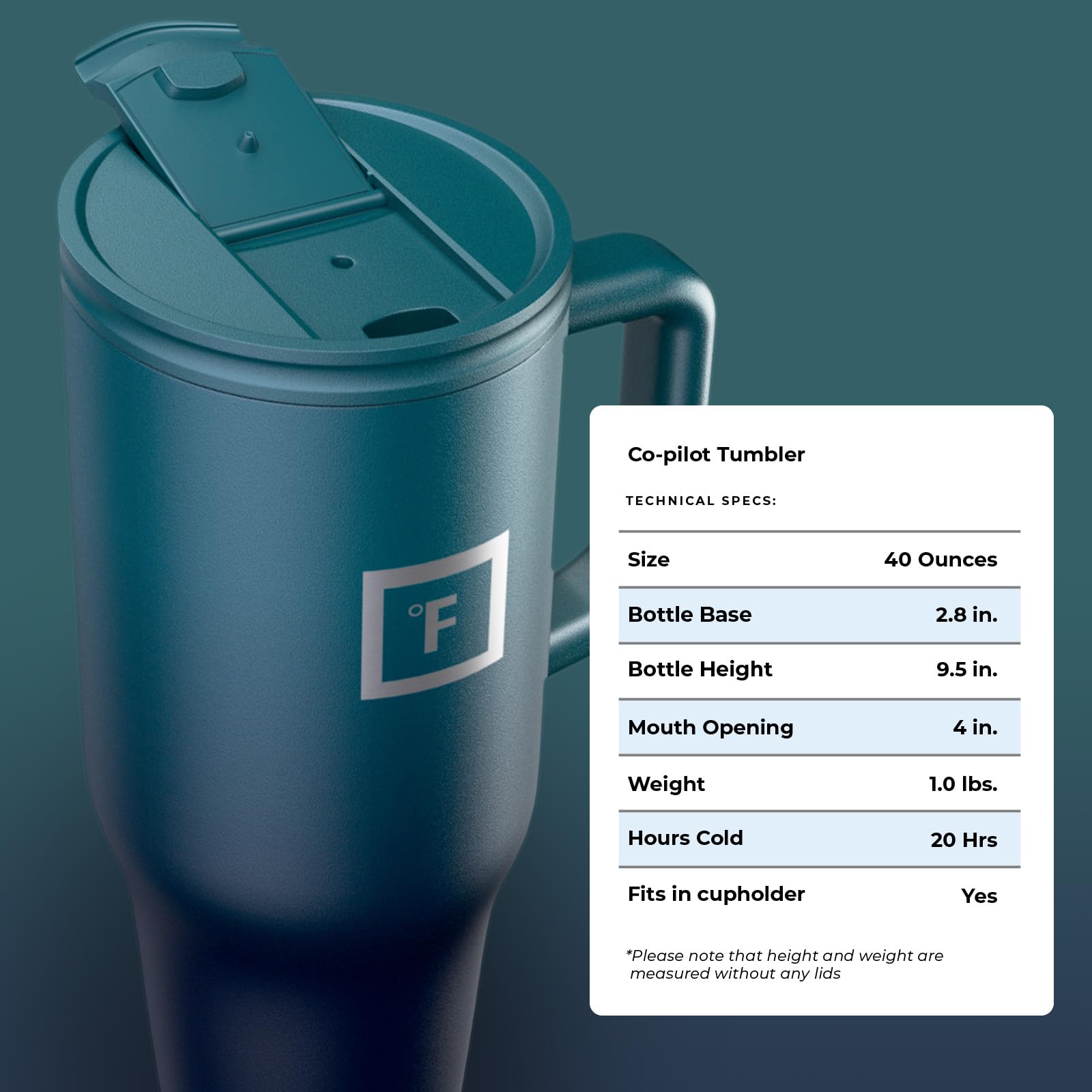 IRON °FLASK Co-Pilot travel mug, ideal for hiking and road trips.