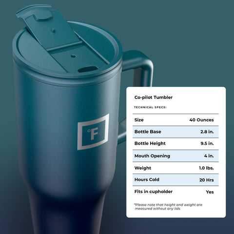 IRON °FLASK Co-Pilot travel mug, ideal for hiking and road trips.