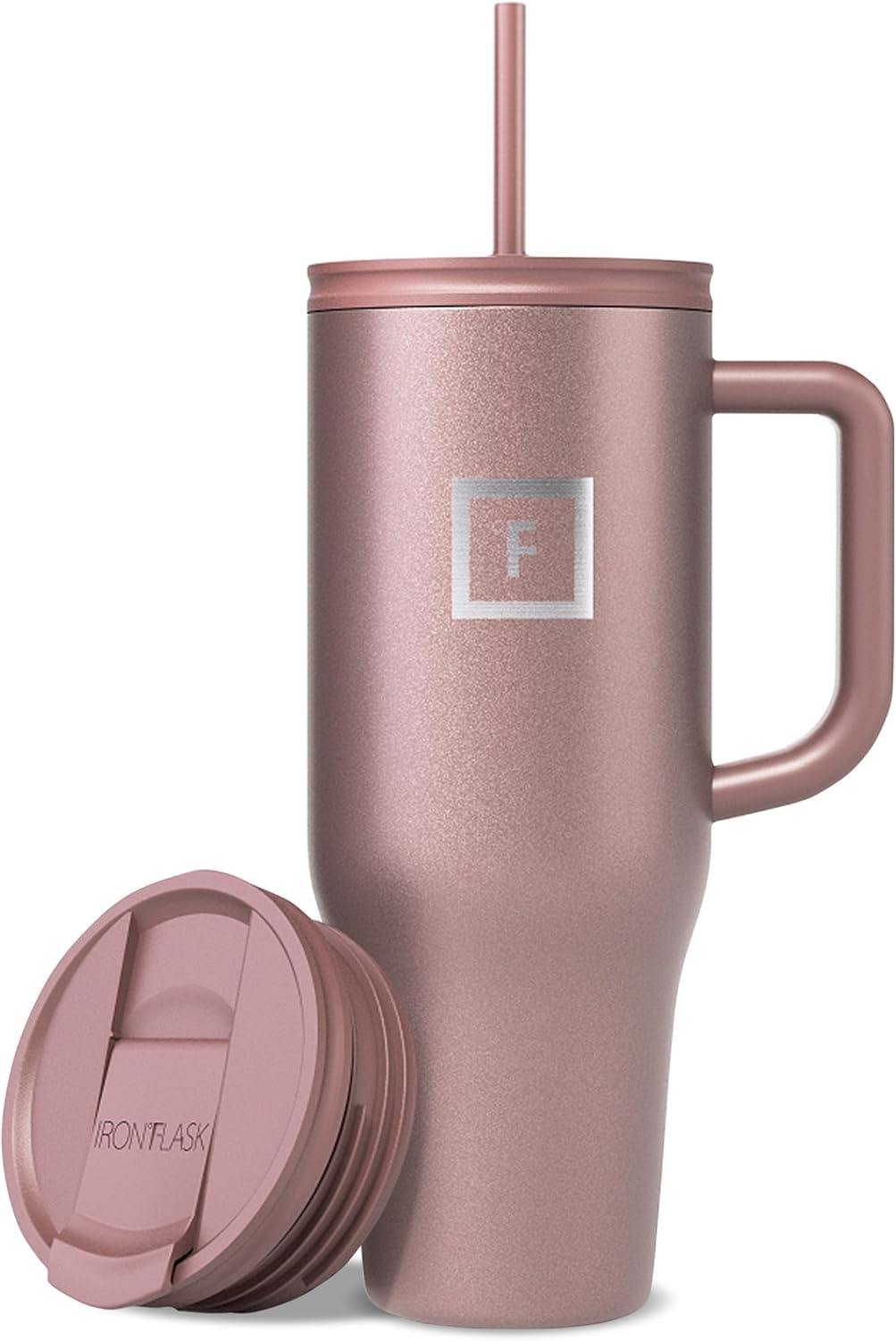 IRON °FLASK Copilot insulated mug in rose gold keeps drinks hot or cold on the go.