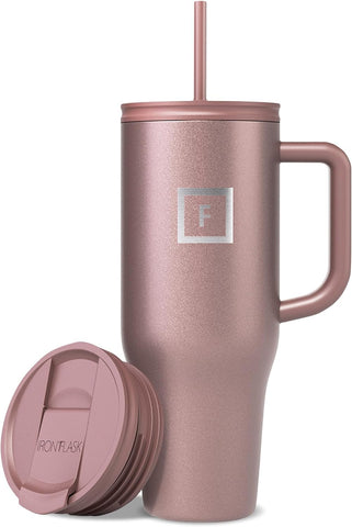 IRON °FLASK Copilot insulated mug in rose gold keeps drinks hot or cold on the go.