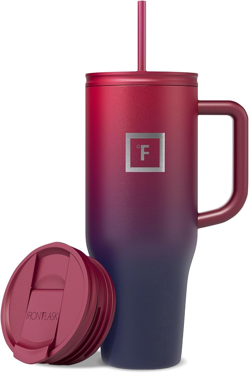 IRON °FLASK Copilot mug in dark rainbow, top view shows travel-ready design