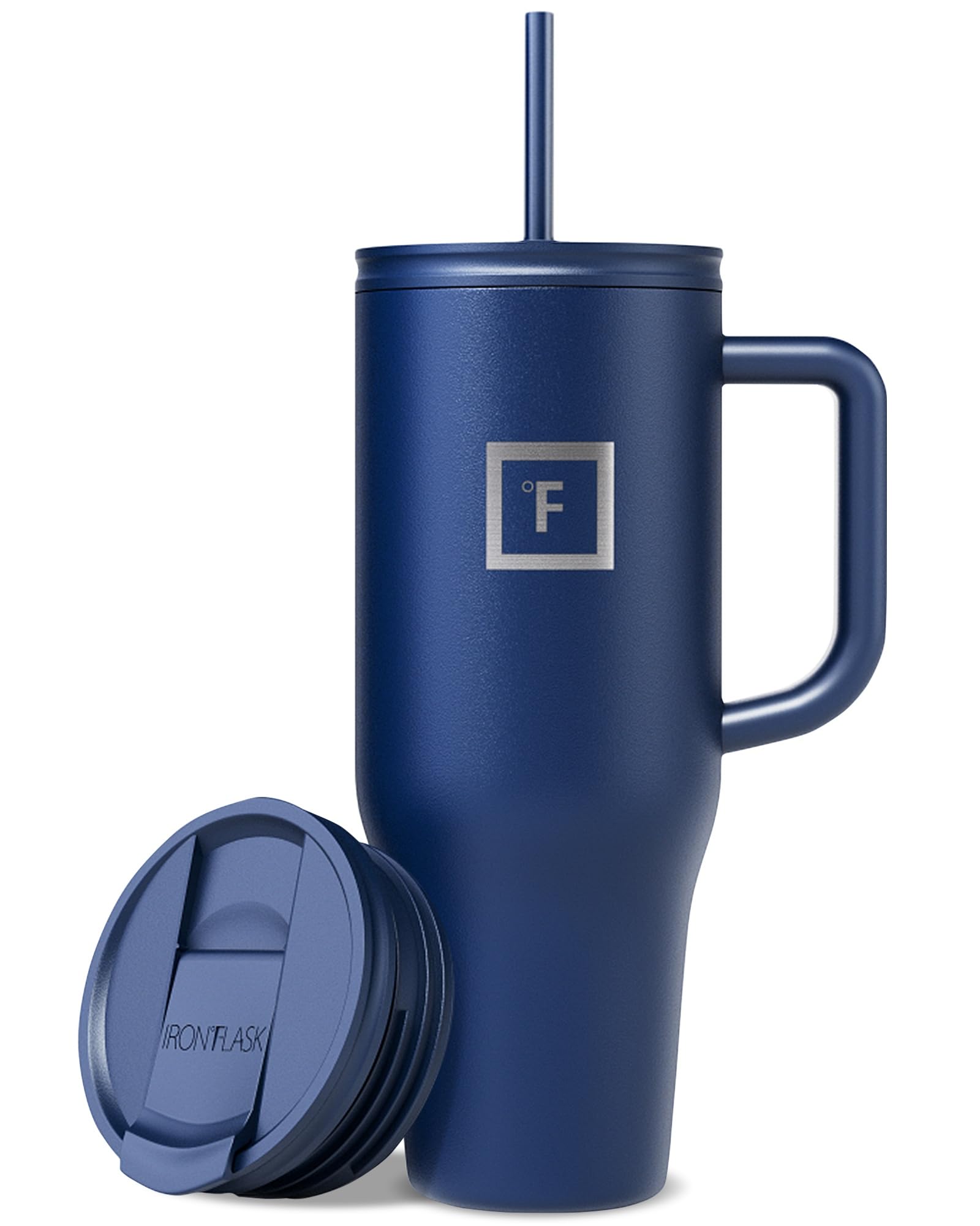 IRON °FLASK Co-Pilot mug with straw lid for spill-free sipping on the go.